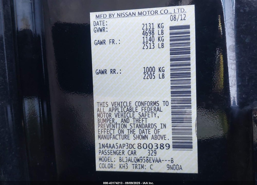 2013 NISSAN MAXIMA VIN: 1N4AA5AP3DC800389