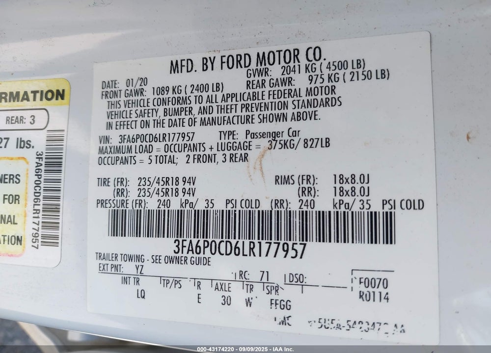 2020 FORD FUSION SEL VIN: 3FA6P0CD6LR177957
