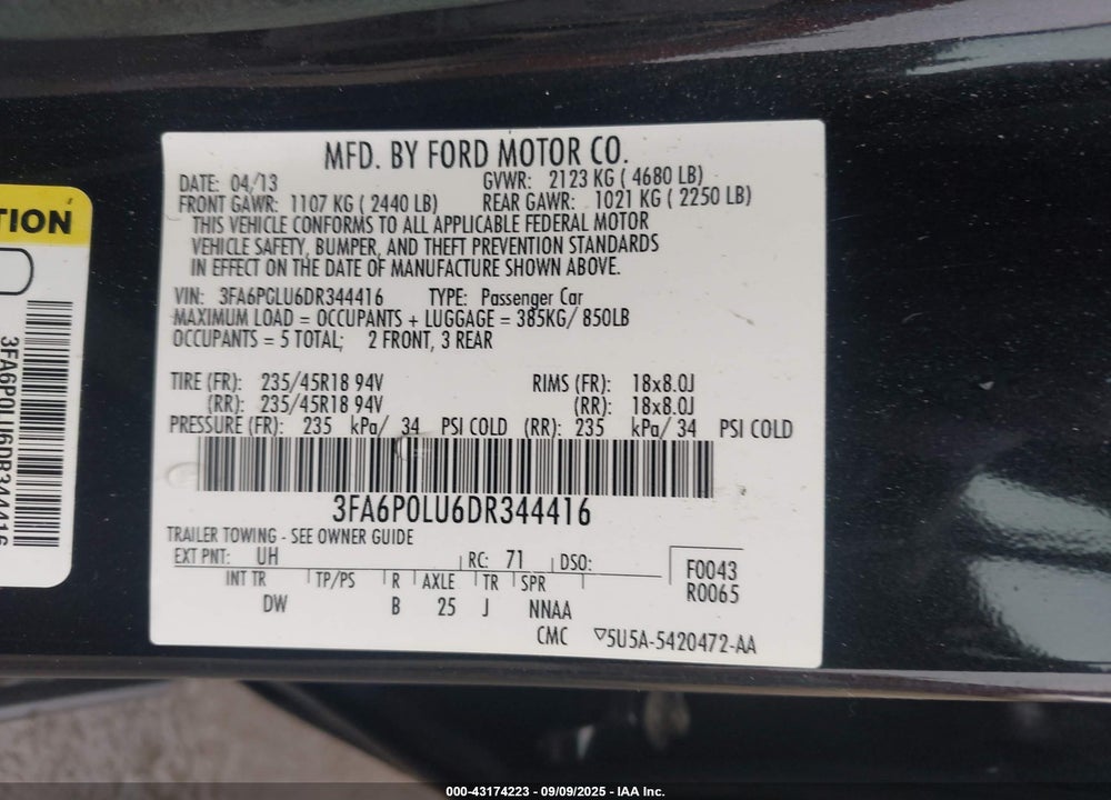 2013 FORD FUSION VIN: 3FA6P0LU6DR344416