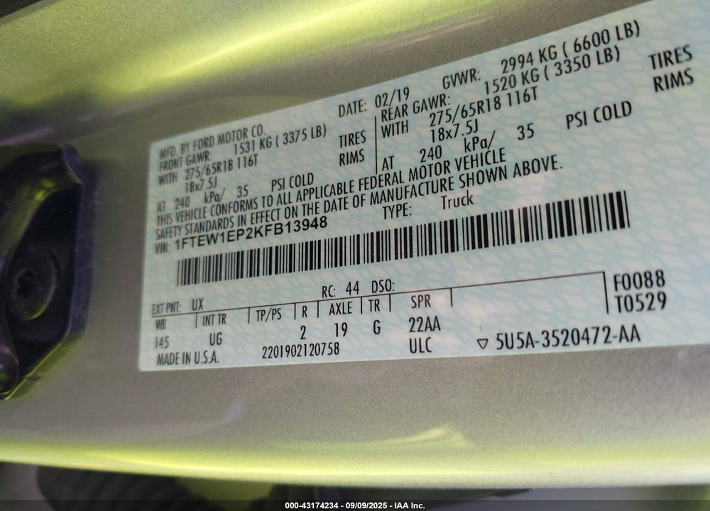 2019 FORD F-150 VIN: 1FTEW1EP2KFB13948
