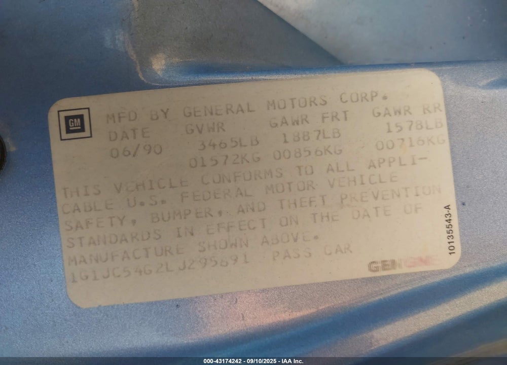 1990 CHEVROLET CAVALIER VL VIN: 1G1JC54G2LJ295691