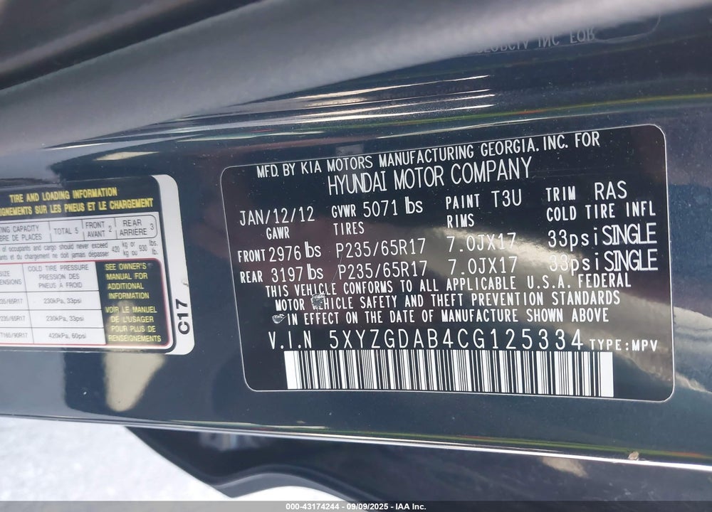 2012 HYUNDAI SANTA FE GLS VIN: 5XYZGDAB4CG125334