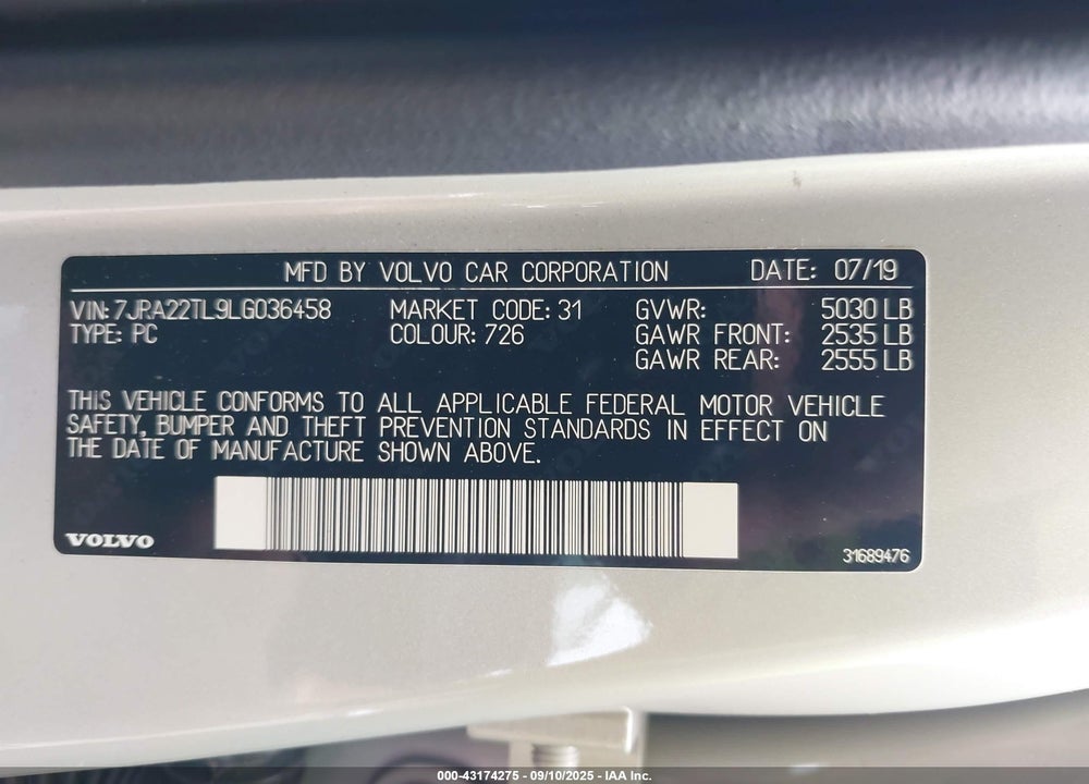 2020 VOLVO S60 VIN: 7JRA22TL9LG036458