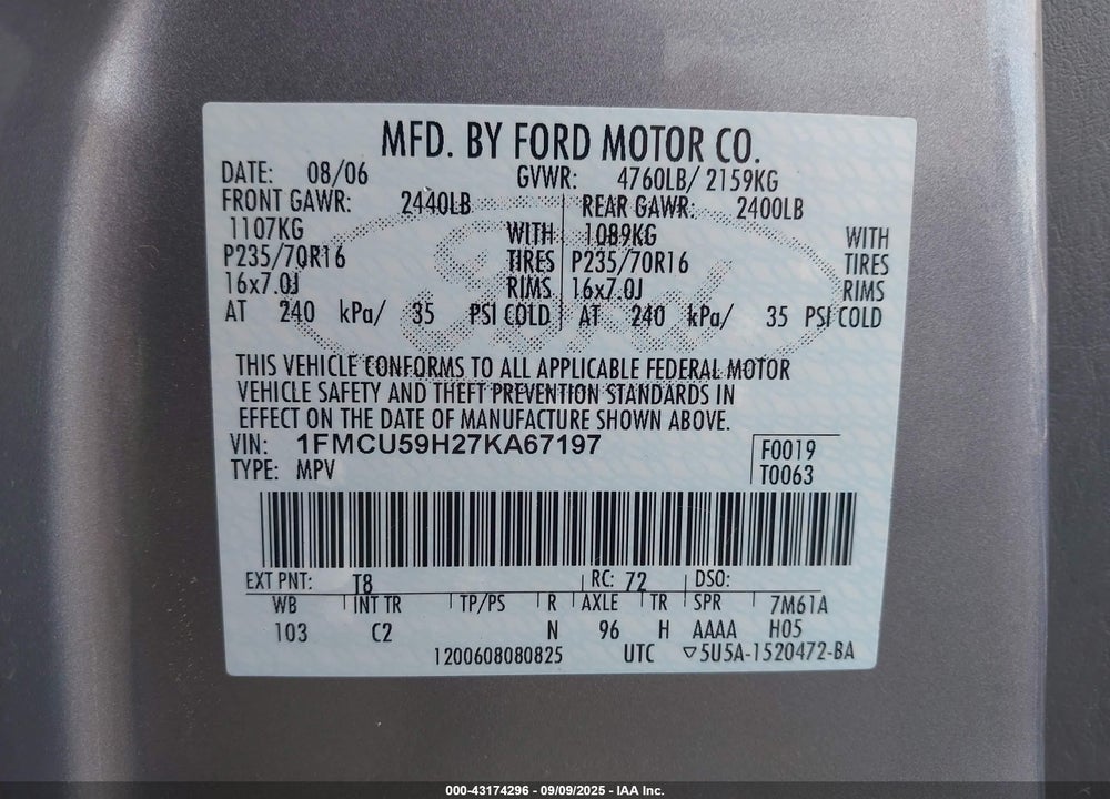 2007 FORD ESCAPE HYBRID VIN: 1FMCU59H27KA67197