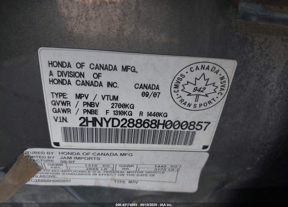 2008 ACURA MDX SPORT PACKAGE VIN: 2HNYD28868H000857