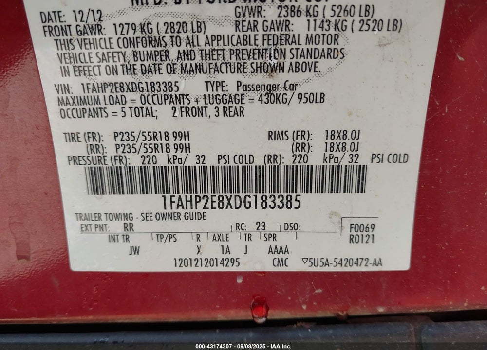 2013 FORD TAURUS VIN: 1FAHP2E8XDG183385