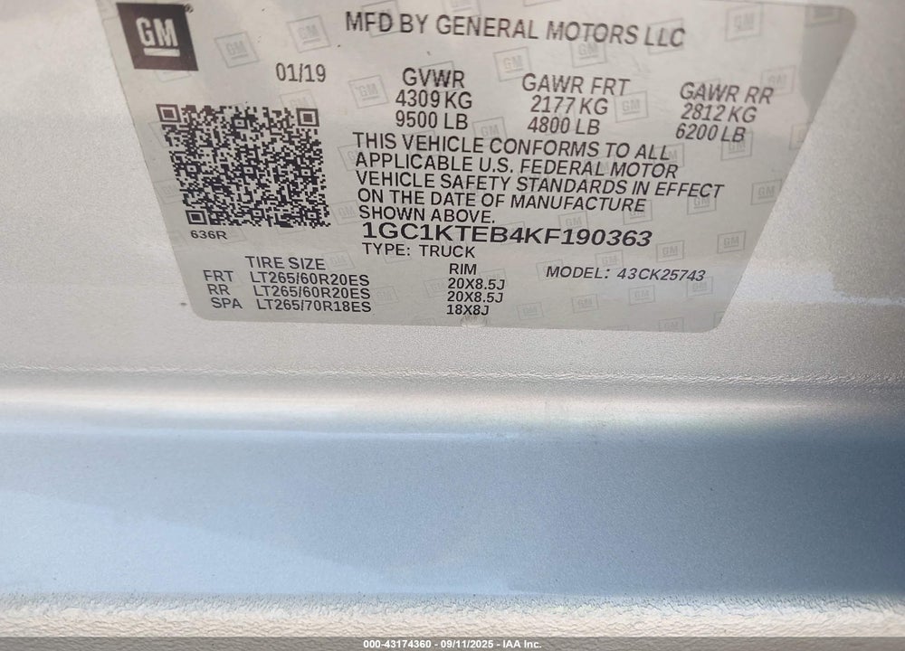 2019 CHEVROLET SILVERADO 2500 VIN: 1GC1KTEB4KF190363