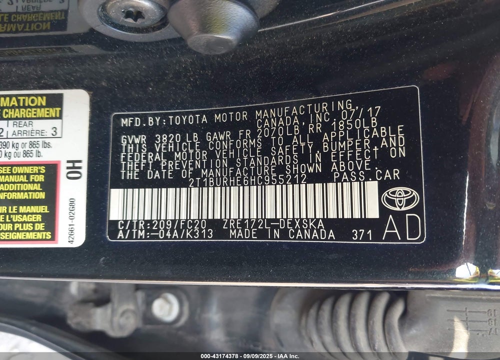 2017 TOYOTA COROLLA VIN: 2T1BURHE6HC955212