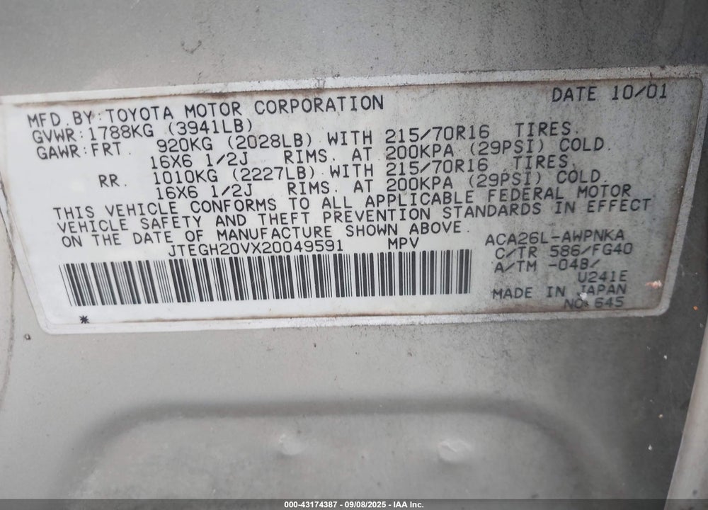 2002 TOYOTA RAV4 VIN: JTEGH20VX20049591