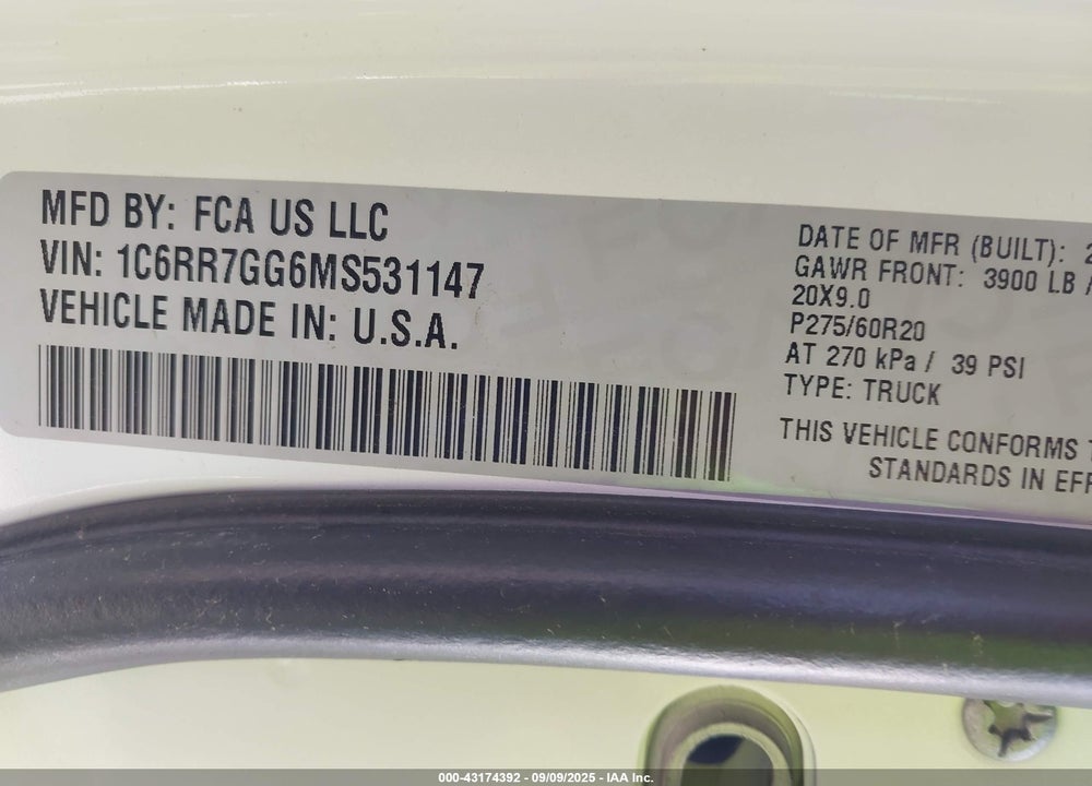 2021 RAM 1500 VIN: 1C6RR7GG6MS531147