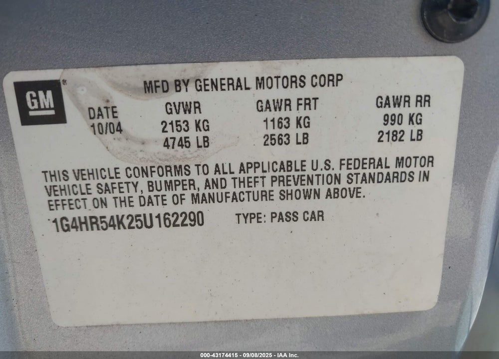 2005 BUICK LESABRE LIMITED VIN: 1G4HR54K25U162290