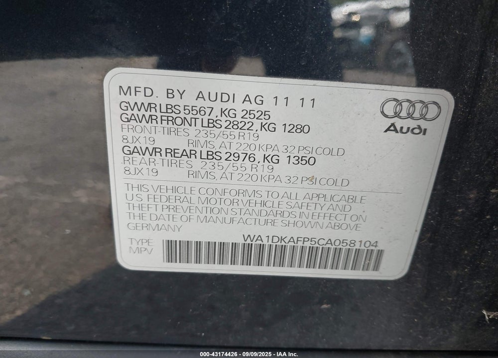 2012 AUDI Q5 3.2 PREMIUM PLUS VIN: WA1DKAFP5CA058104