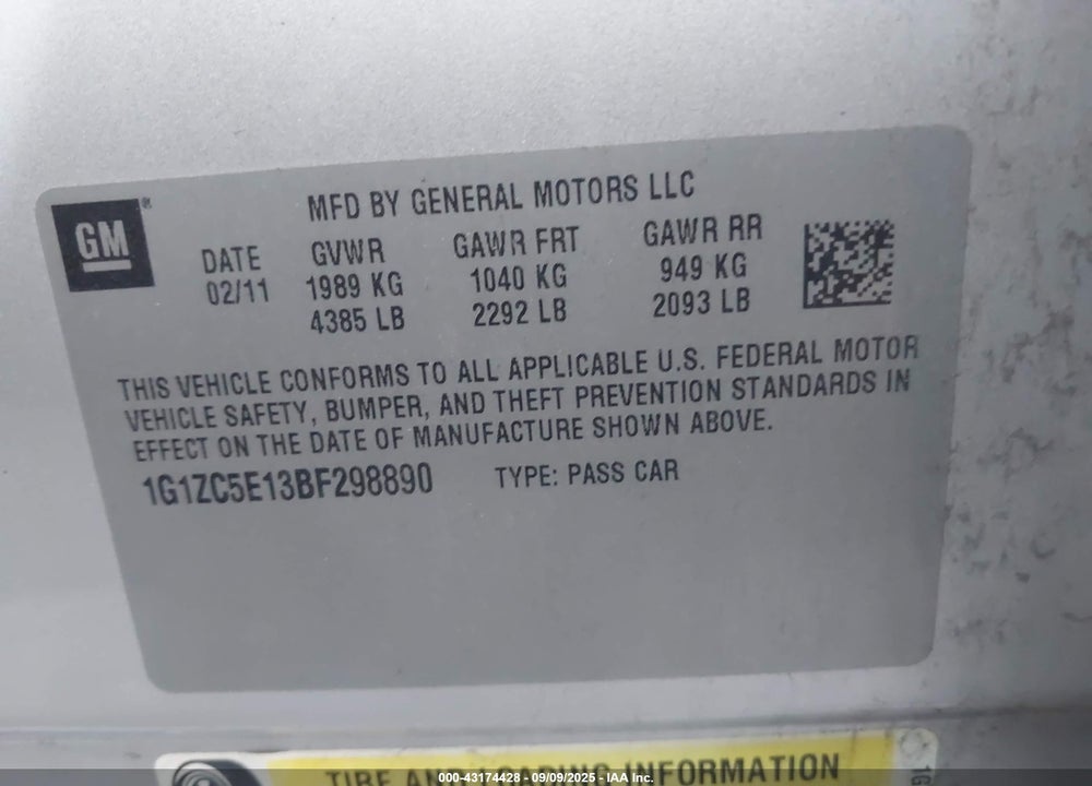 2011 CHEVROLET MALIBU VIN: 1G1ZC5E13BF298890