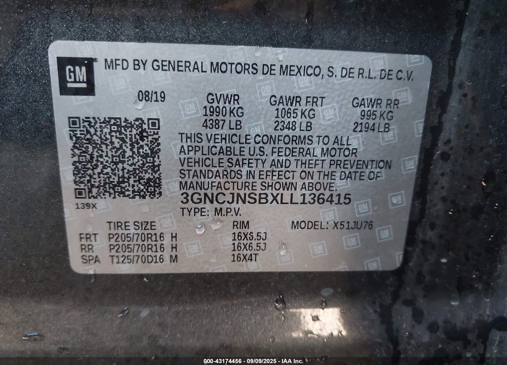 2020 CHEVROLET TRAX VIN: 3GNCJNSBXLL136415