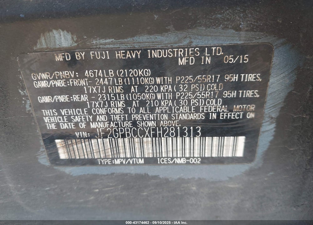 2015 SUBARU XV CROSSTREK VIN: JF2GPBCCXFH281313