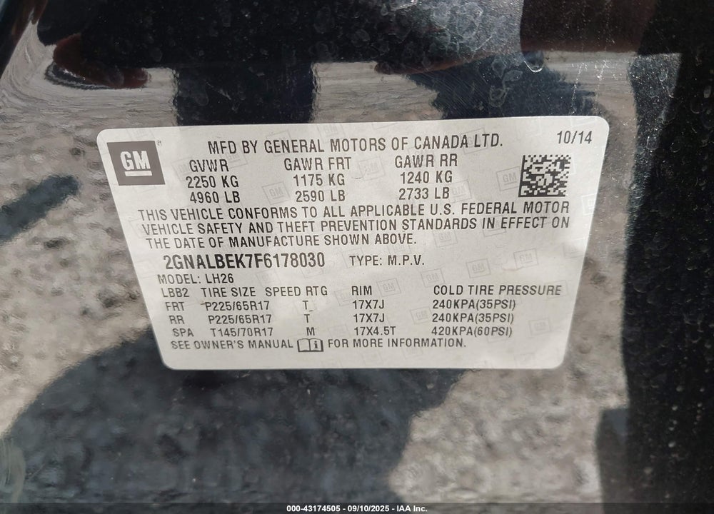 2015 CHEVROLET EQUINOX 1LT VIN: 2GNALBEK7F6178030