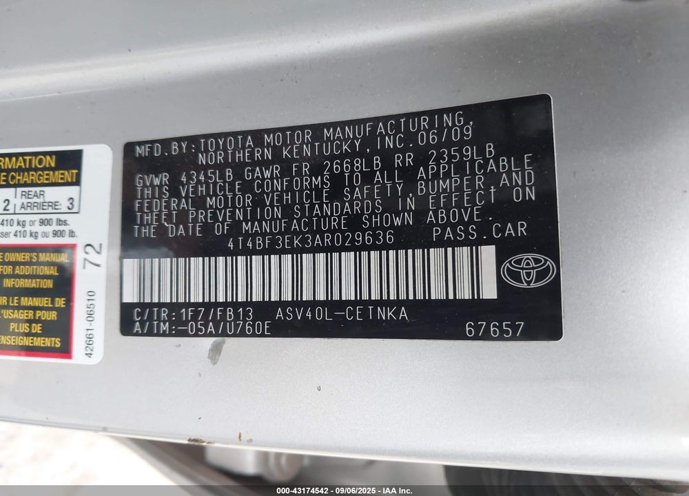 2010 TOYOTA CAMRY VIN: 4T4BF3EK3AR029636