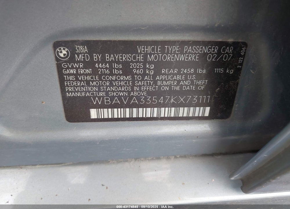 2007 BMW 328I VIN: WBAVA33547KX73111