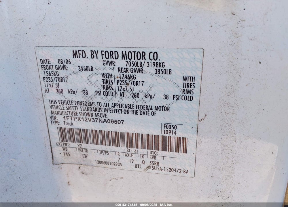 2007 FORD F-150 LARIAT/STX/XL/XLT VIN: 1FTPX12V37NA09507