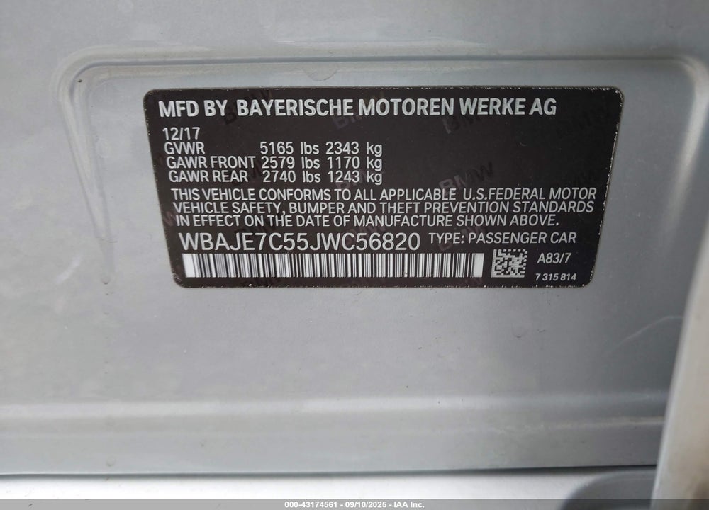 2018 BMW 5 SERIES VIN: WBAJE7C55JWC56820