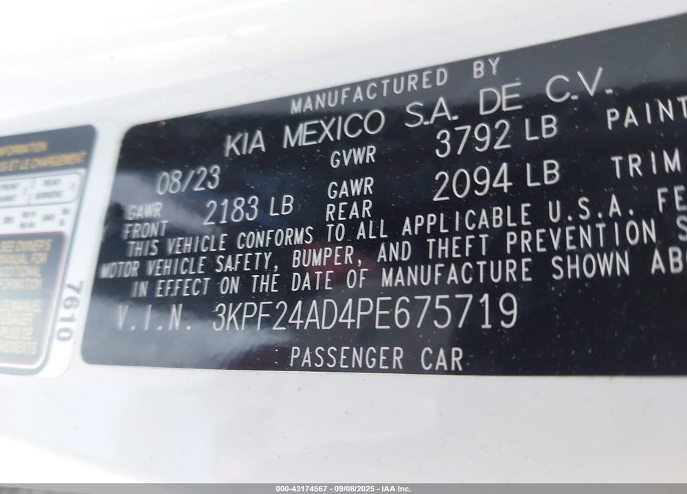 2023 KIA FORTE VIN: 3KPF24AD4PE675719