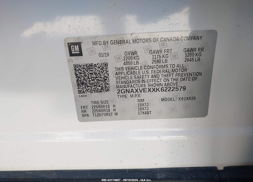 2019 CHEVROLET EQUINOX LT VIN: 2GNAXVEXXK6222579
