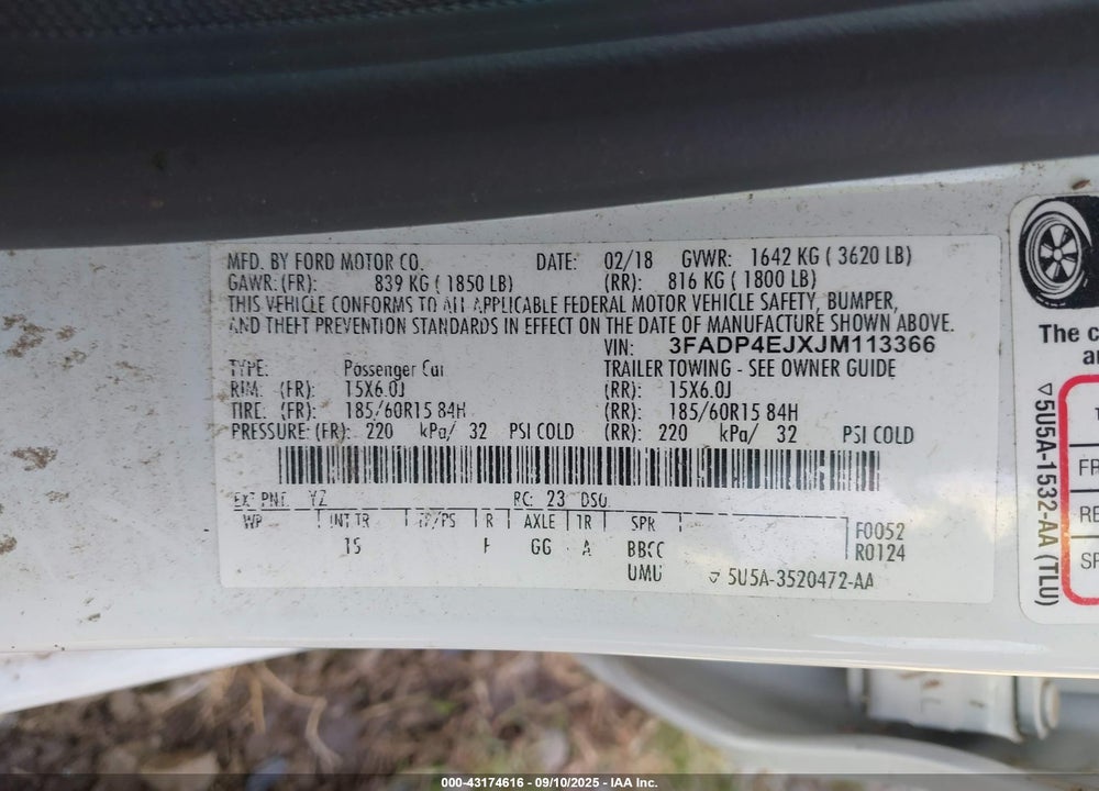 2018 FORD FIESTA VIN: 3FADP4EJXJM113366