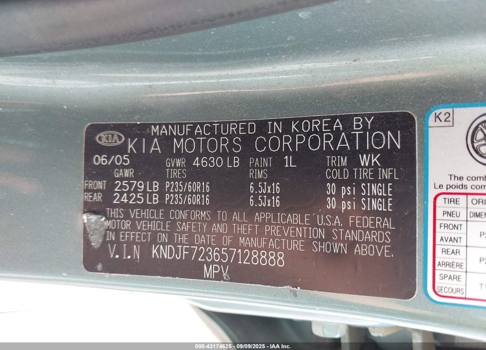 2005 KIA SPORTAGE EX V6/LX V6 VIN: KNDJF723657128888