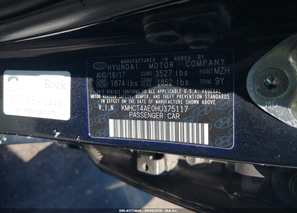 2017 HYUNDAI ACCENT VIN: KMHCT4AE0HU375117