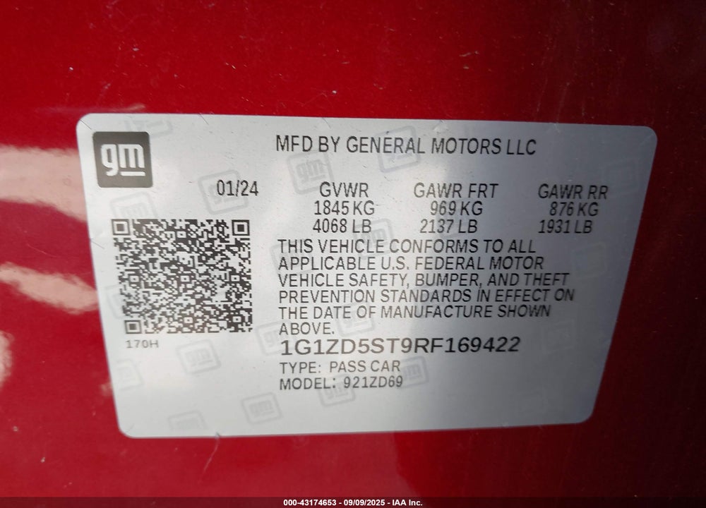 2024 CHEVROLET MALIBU VIN: 1G1ZD5ST9RF169422