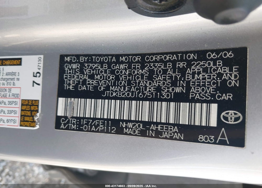 2006 TOYOTA PRIUS VIN: JTDKB20U167511301