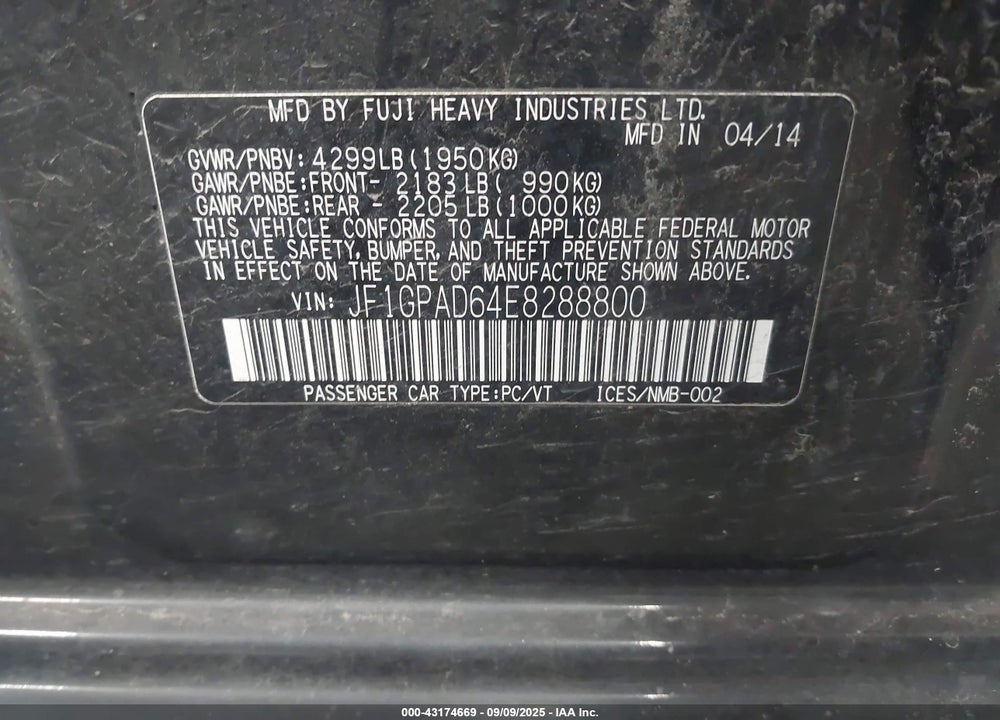 2014 SUBARU IMPREZA VIN: JF1GPAD64E8288800