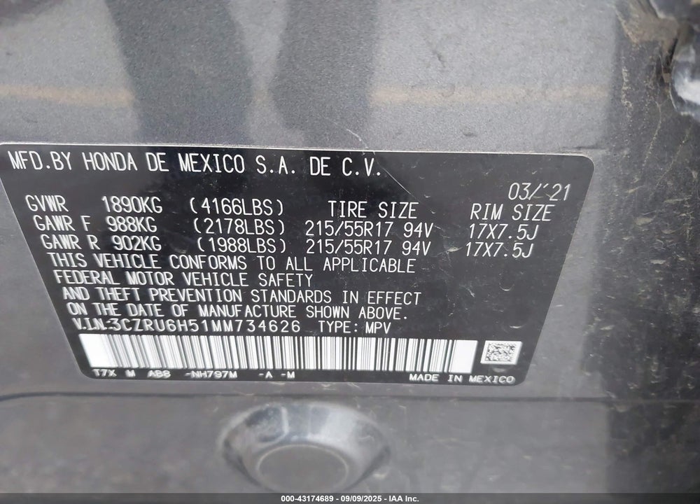 2021 HONDA HR-V VIN: 3CZRU6H51MM734626