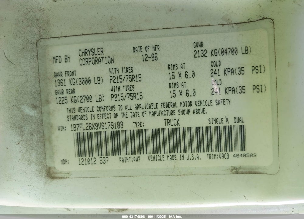 1997 DODGE DAKOTA SLT/SPORT VIN: 1B7FL26X9VS179183