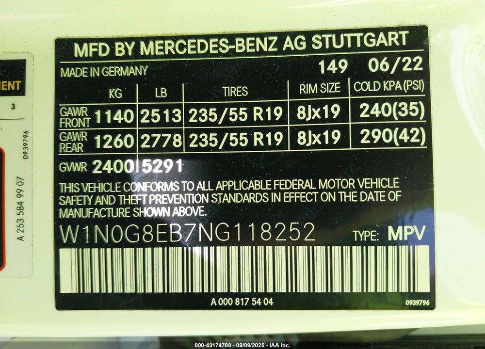 2022 MERCEDES-BENZ GLC CLASS VIN: W1N0G8EB7NG118252