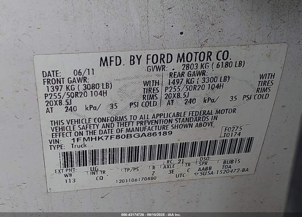 2011 FORD EXPLORER VIN: 1FMHK7F80BGA86189