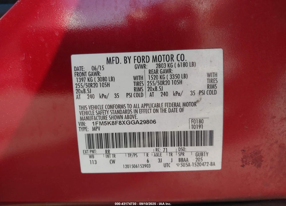 2016 FORD EXPLORER VIN: 1FM5K8F8XGGA29806