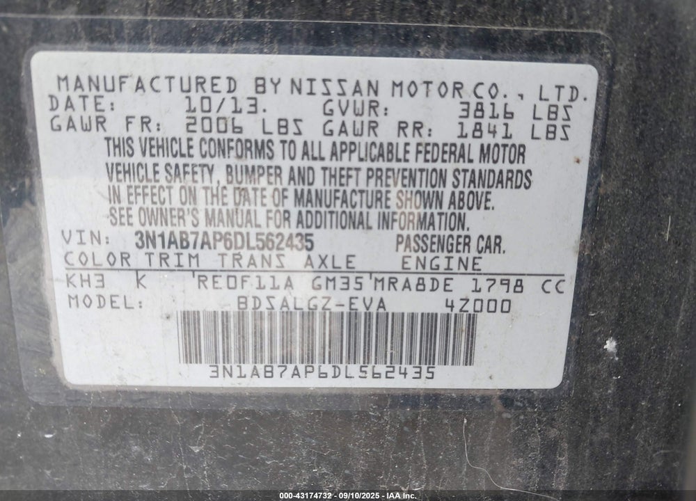 2013 NISSAN SENTRA VIN: 3N1AB7AP6DL562435