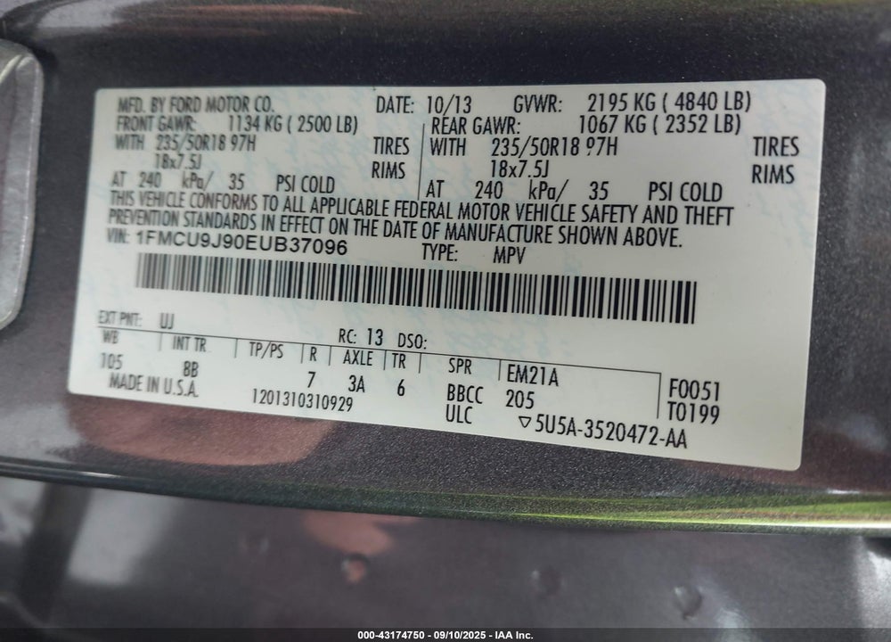 2014 FORD ESCAPE TITANIUM VIN: 1FMCU9J90EUB37096