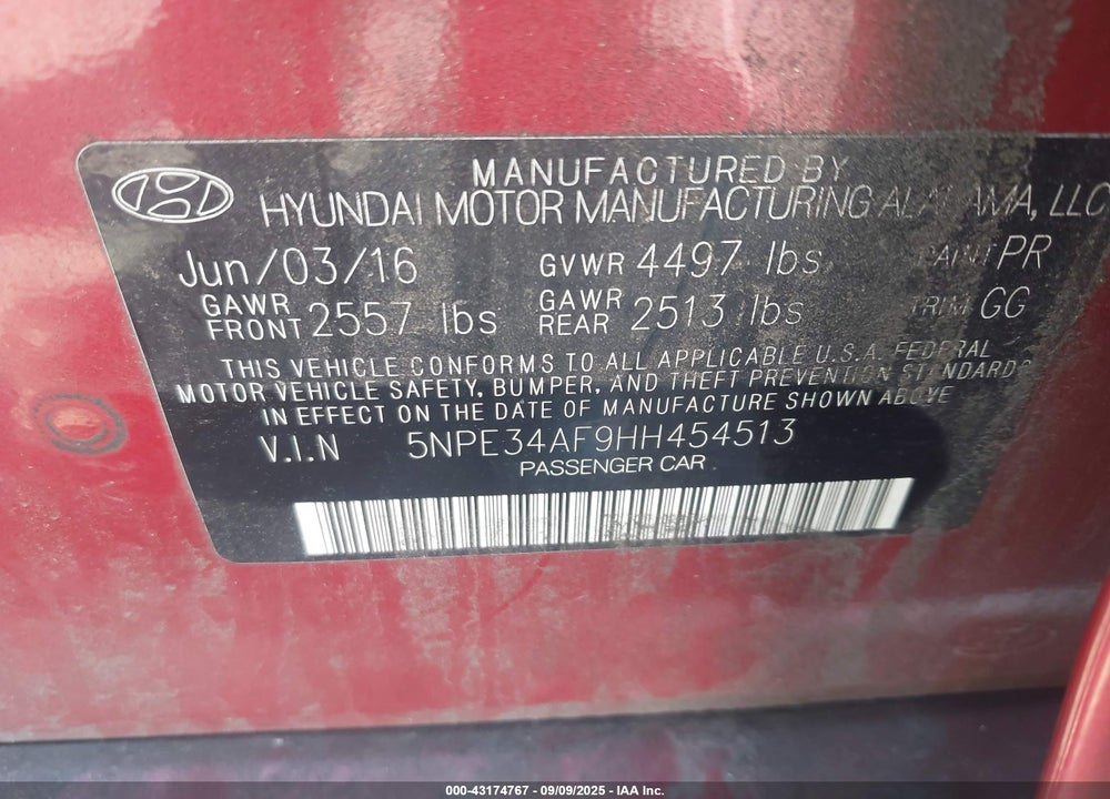 2017 HYUNDAI SONATA VIN: 5NPE34AF9HH454513
