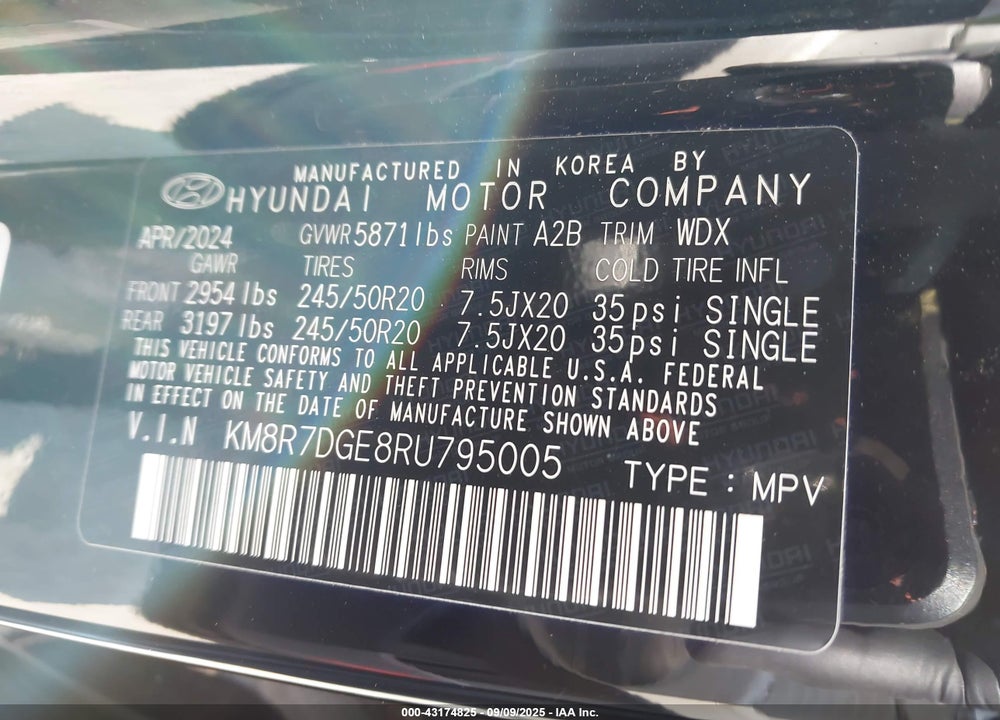 2024 HYUNDAI PALISADE VIN: KM8R7DGE8RU795005
