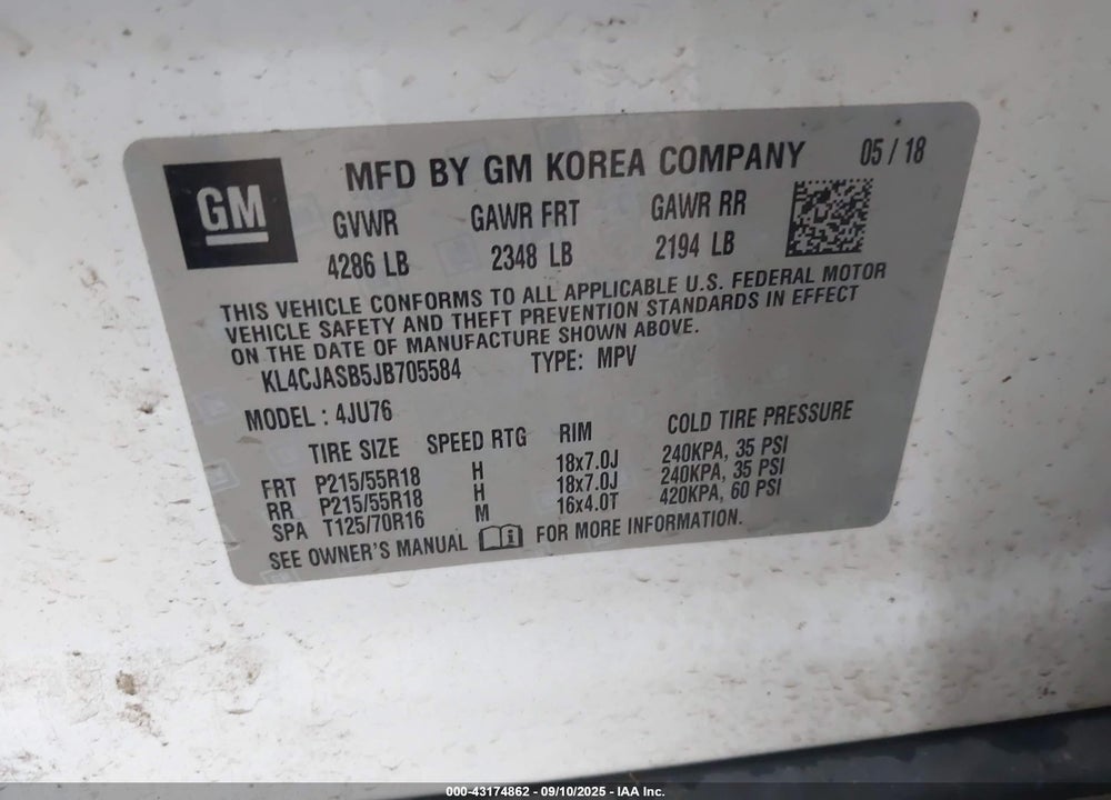 2018 BUICK ENCORE VIN: KL4CJASB5JB705584