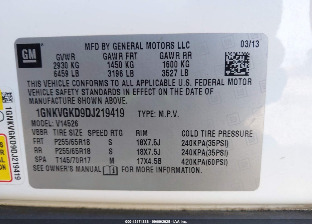 2013 CHEVROLET TRAVERSE VIN: 1GNKVGKD9DJ219419