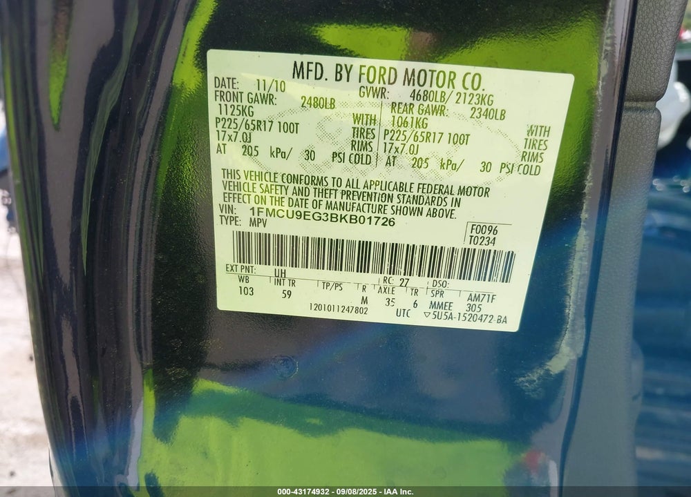 2011 FORD ESCAPE VIN: 1FMCU9EG3BKB01726
