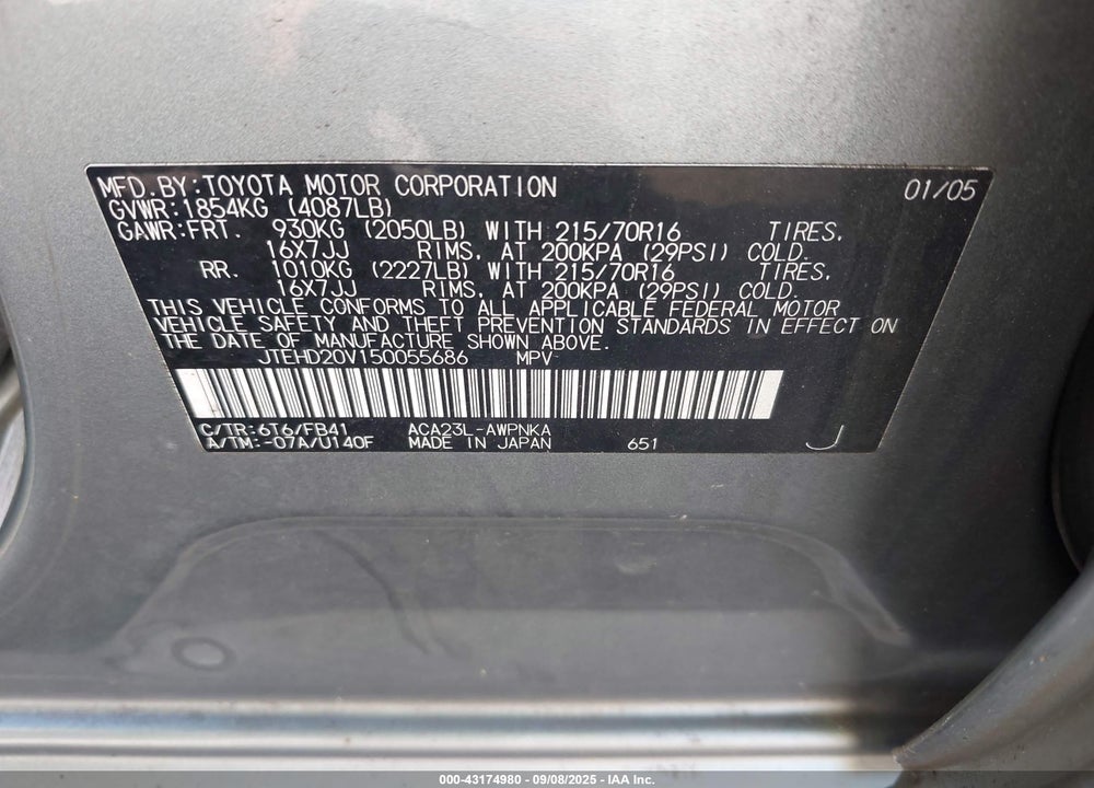 2005 TOYOTA RAV4 VIN: JTEHD20V150055686