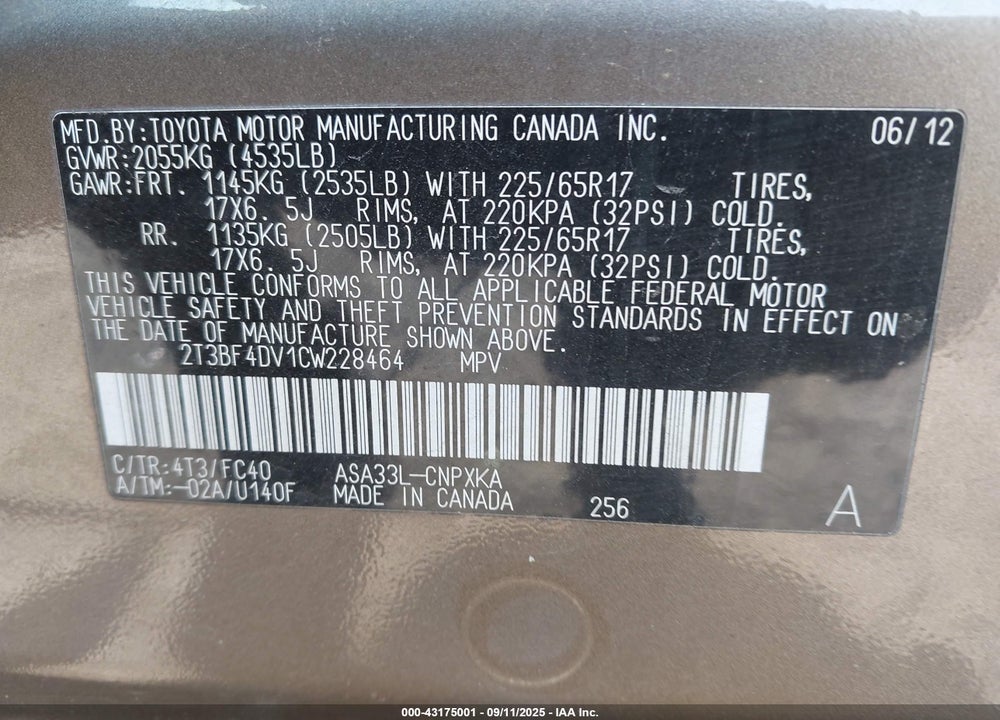 2012 TOYOTA RAV4 VIN: 2T3BF4DV1CW228464