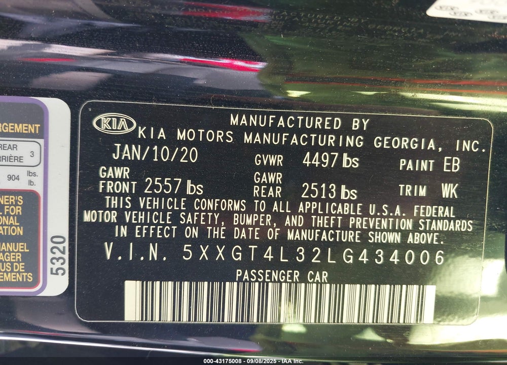 2020 KIA OPTIMA VIN: 5XXGT4L32LG434006