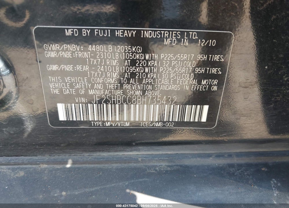 2011 SUBARU FORESTER 2.5X PREMIUM VIN: JF2SHBCC8BH735432