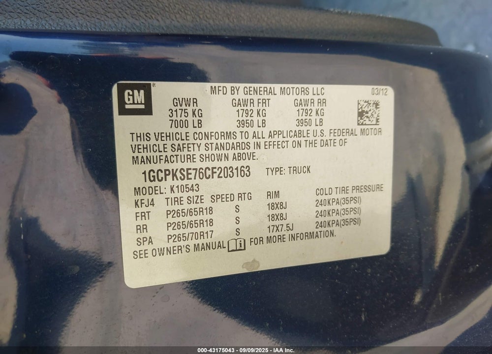 2012 CHEVROLET SILVERADO 1500 VIN: 1GCPKSE76CF203163