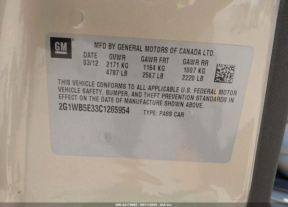2012 CHEVROLET IMPALA LT VIN: 2G1WB5E33C1265954